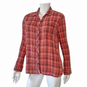 BDG Orange Plaid Boyfriend Shirt Size L Cotton Flannel Button Down Top Cozy